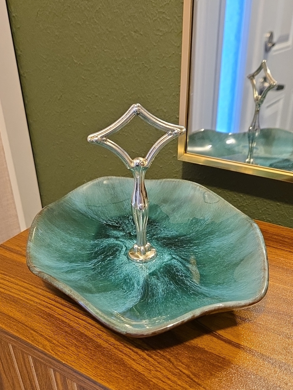 Blue Mountain Pottery Serving Tray with Silver Color Handle Vintage MCM